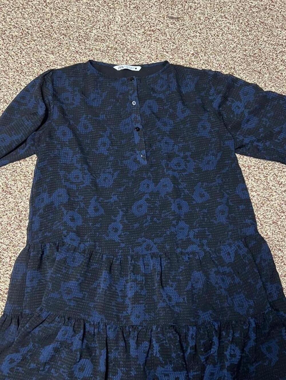 Zara Blue Floral Button-Up Tunic Top Medium Casual - Picture 4 of 4